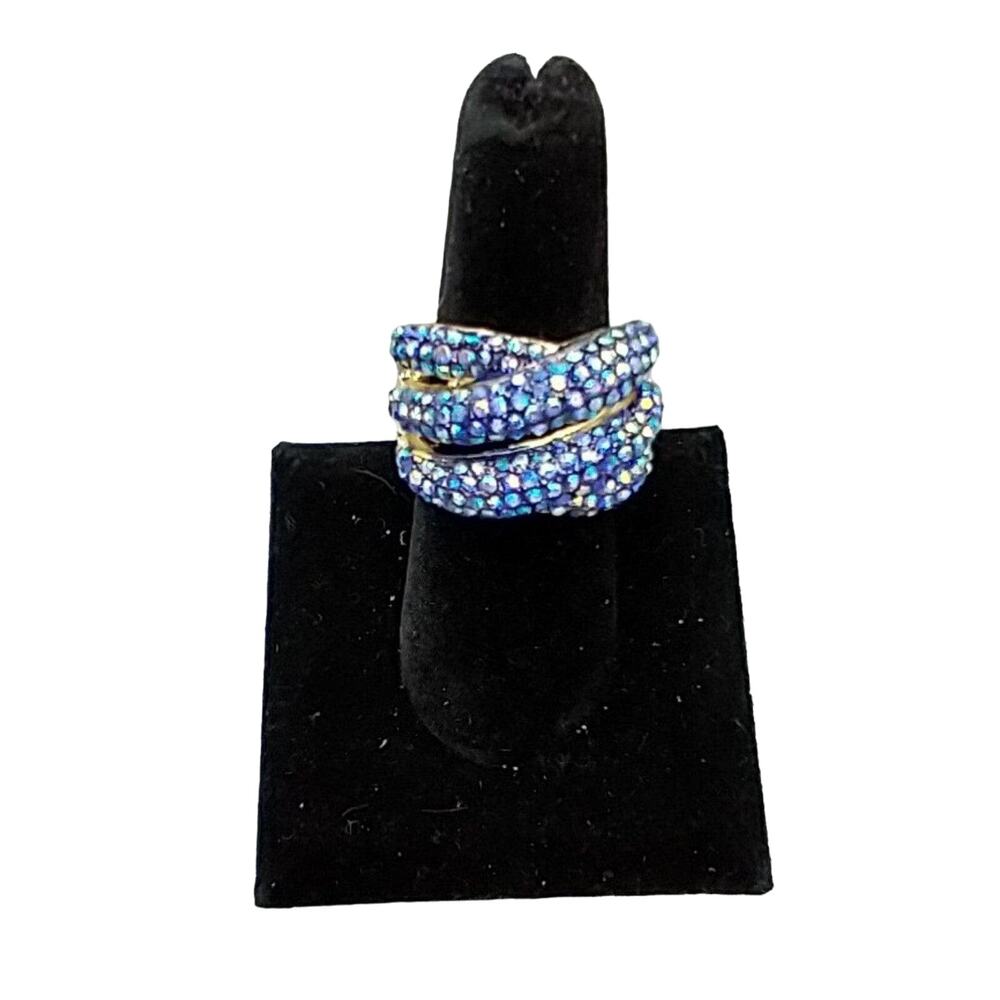 Blue AB Rhinestones Statement Stretch Ring Silver Tone
